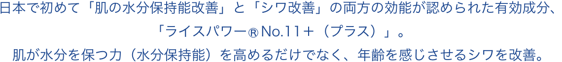 日本で初めて「肌の水分保持能改善」と「シワ改善」の両方の効能が認められた有効成分、「ライスパワー®No.11＋（プラス）」。肌が水分を保つ力（水分保持能）を高めるだけでなく、年齢を感じさせるシワを改善。