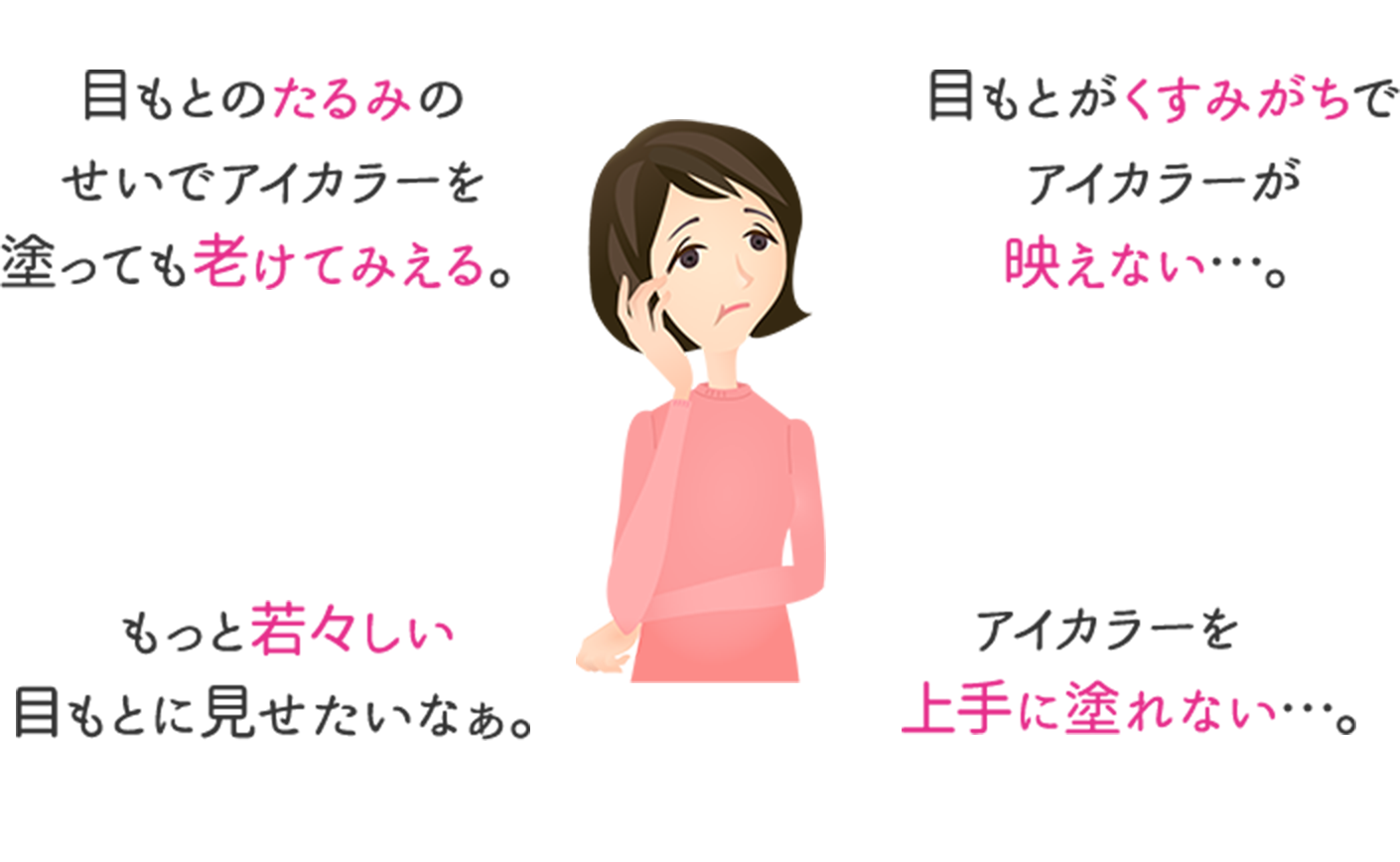 目もとのたるみのせいでアイカラーを塗っても老けてみえる。目もとがくすみがちでアイカラーが映えない…。もっと若々しい目もとに見せたいなぁ。アイカラーを上手に塗れない…。