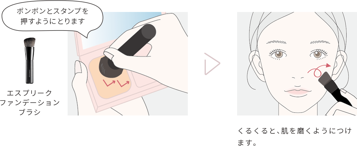 エスプリークファンデーションブラシ ポンポンとスタンプを押すようにとります くるくると、肌を磨くようにつけます。