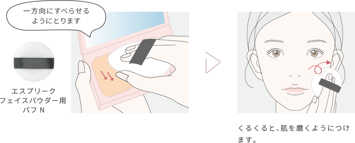 エスプリークフェイスパウダー用パフ N 一方向にすべらせるようにとります くるくると、肌を磨くようにつけます。