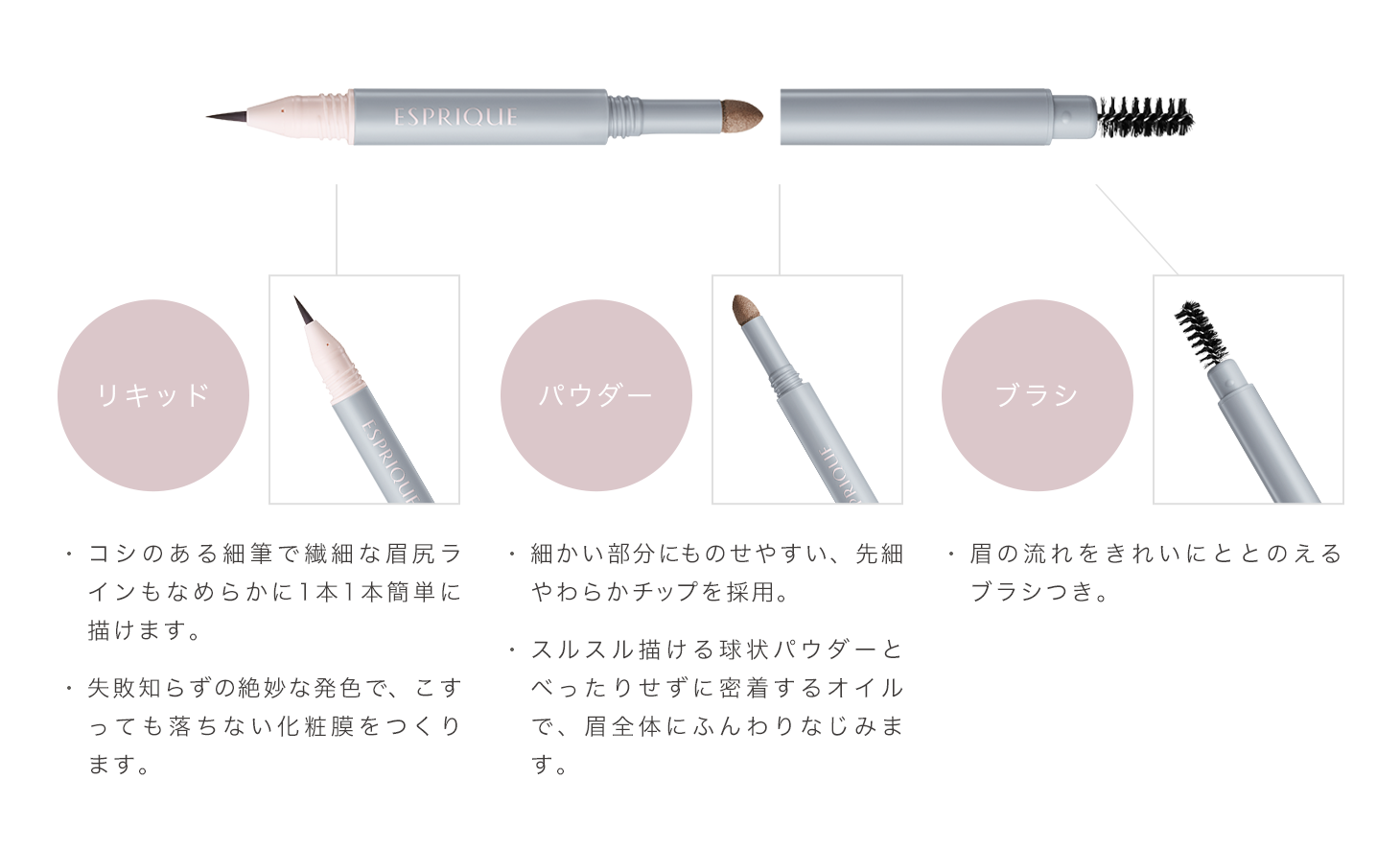 リキッド ・コシのある細筆で眉尻ラインもなめらかに1本1本簡単に描けます。 ・失敗知らずの絶妙な発色で、こすっても落ちない化粧膜を作ります。　パウダー ・細かい部分にものせやすい、先細やわらかチップを採用。 ・スルスル描ける球状パウダーとべったりせずに密着するオイルで、眉全体にふんわりなじみます。　ブラシ 眉の流れをきれいにととのえるブラシつき。