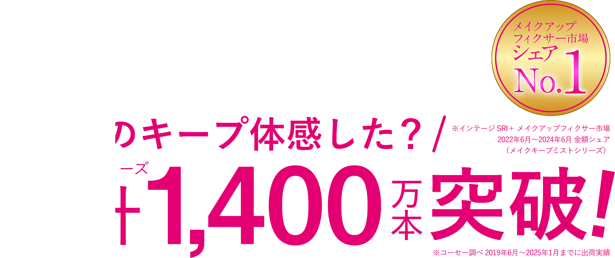 メイクアップフィクサー市場シェアNO.1※インテージSRI+メイクアップフィクサー市場2022年6月〜2024年6月 金額シェア(メイクキープミストシリーズ) 驚きのキープ体感した？ 従来品からのシリーズ累計1,4300万本突破！ ※コーセー調べ 2019年6月〜2025年1月までに出荷実績