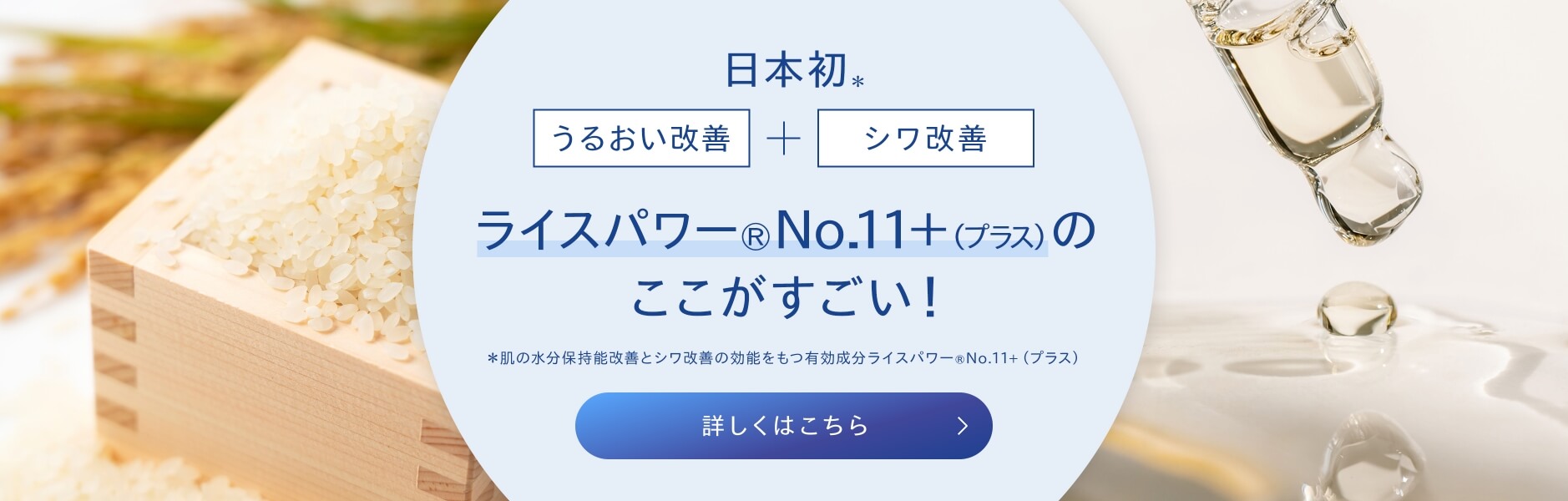 日本初*うるおい改善＋シワ改善 新規有効成分 ライスパワー®️No.11＋(プラス)のここがすごい！ 詳しくはこちら