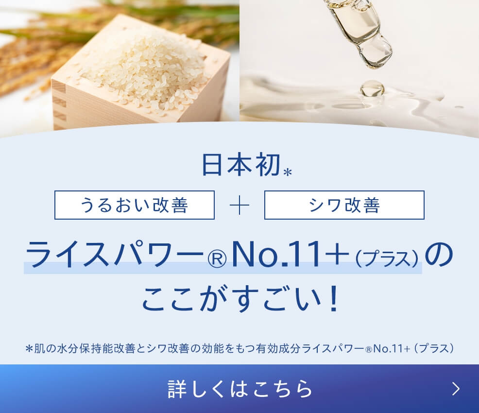 日本初*うるおい改善＋シワ改善 新規有効成分 ライスパワー®️No.11＋(プラス)のここがすごい！ 詳しくはこちら