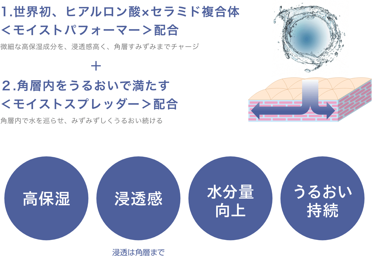 1.世界初、ヒアルロン酸×セラミド複合体<モイストパフォーマー>配合 2.角層内をうるおいで満たす<モイストスプレッダー>配合
