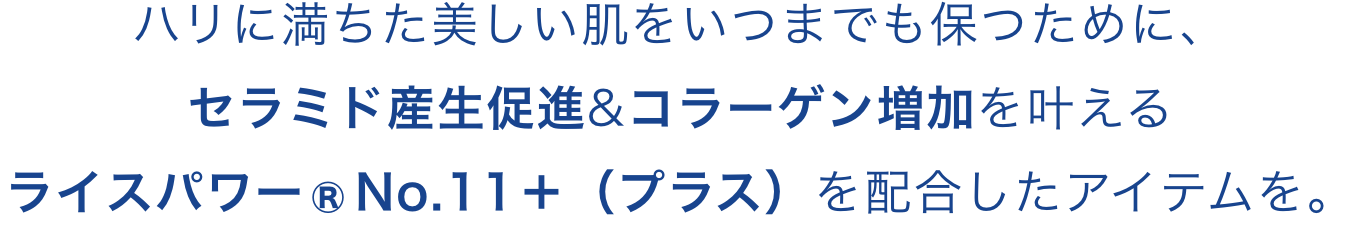 ハリに満ちた美しい肌をいつまでも保つために、セラミド産生促進&コラーゲン増加を叶えるライスパワー®No.11＋（プラス）を配合したアイテムを。