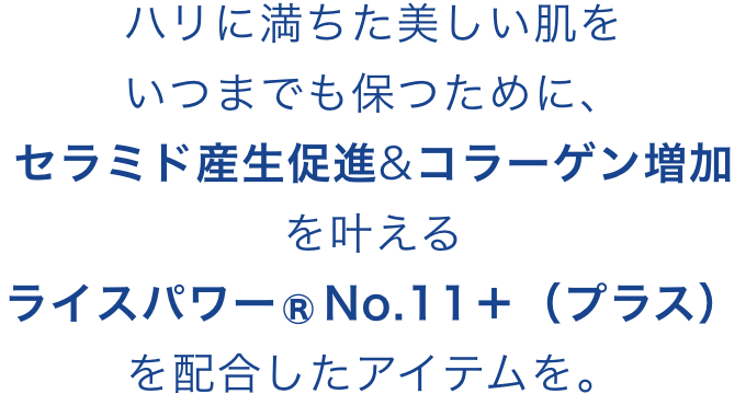 ハリに満ちた美しい肌をいつまでも保つために、セラミド産生促進&コラーゲン増加を叶えるライスパワー®No.11＋（プラス）を配合したアイテムを。