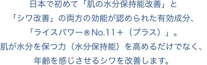 日本で初めて「肌の水分保持能改善」と「シワ改善」の両方の効能が認められた有効成分、「ライスパワー®No.11＋（プラス）」。肌が水分を保つ力（水分保持能）を高めるだけでなく、年齢を感じさせるシワを改善。