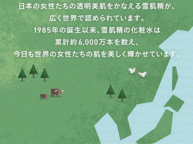 日本の女性たちの透明美肌をかなえる雪肌精が、広く世界で認められています。1985年の誕生以来、雪肌精の化粧水は累計約6,000万本を数え、今日も世界の女性たちの肌を美しく輝かせています。