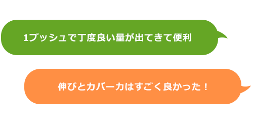 1プッシュで丁度良い量が出てきて便利　伸びとカバー力はすごく良かった！