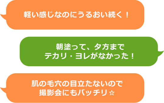 軽い感じなのにうるおい続く！朝塗って、夕方までテカリ・ヨレがなかった！　肌の毛穴の目立たないので撮影会にもバッチリ☆