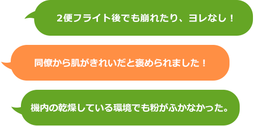 2便フライト後でも崩れたり、ヨレなし！ 同僚から肌がきれいだと褒められました！　機内の乾燥している環境でも粉がふかなかった。