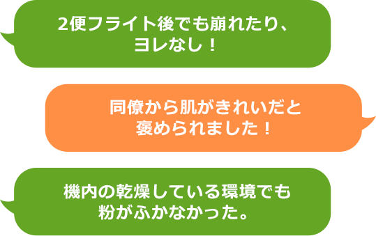 2便フライト後でも崩れたり、ヨレなし！ 同僚から肌がきれいだと褒められました！　機内の乾燥している環境でも粉がふかなかった。