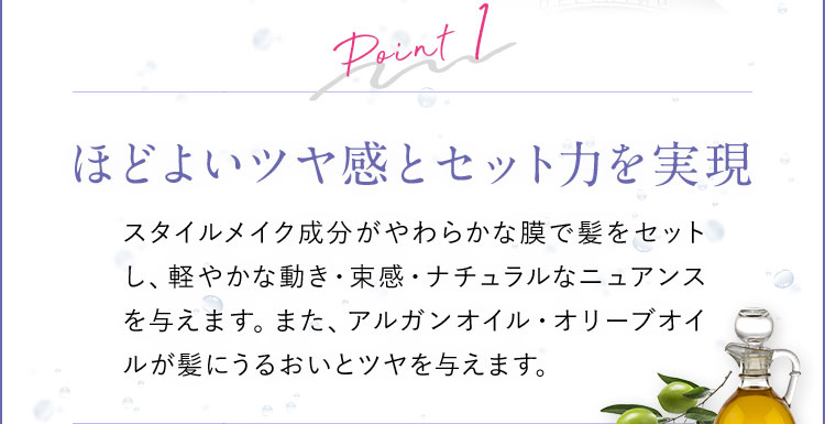 Point1 ほどよいツヤ感とセット力を実現 スタイルメイク成分がやわらかな膜で髪をセットし、軽やかな動き・束感・ナチュラルなニュアンスを与えます。また、アルガンオイル・オリーブオイルが髪にうるおいとツヤを与えます。