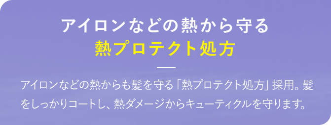 アイロンなどの熱から守る熱プロテクト処方 アイロンなどの熱からも髪を守る「熱プロテクト処方」採用。髪をしっかりコートし、熱ダメージからキューティクルを守ります。