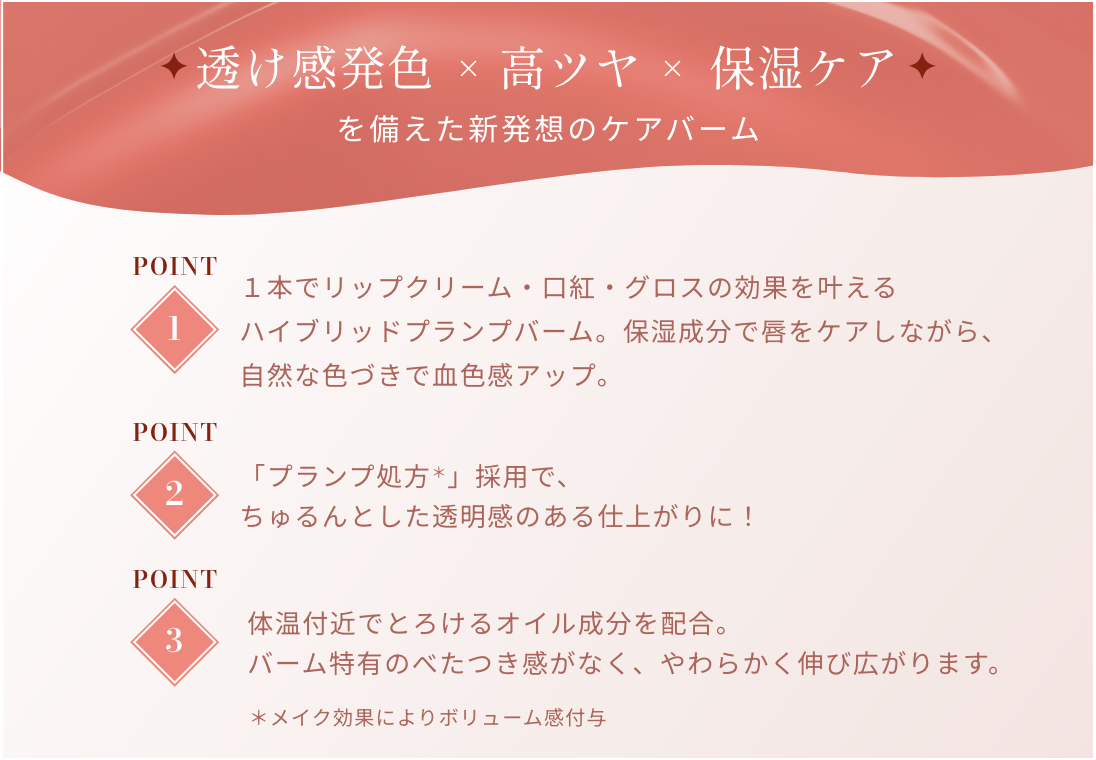 透け感発色×高ツヤ×保湿ケアを備えた新発想のケアバーム POINT 1 / 1本でリップクリーム・口紅・グロスの効果を叶えるハイブリッドプランプバーム。保湿成分で唇をケアしながら、自然な色づきで血色感アップ。 POINT 2 / 「プランプ処方＊」採用で、ちゅるんとした透明感のある仕上がりに！ POINT 3 / 体温付近でとろけるオイル成分を配合。バーム特有のべたつき感がなく、やわらかく伸び広がります。 ＊メイク効果によりボリューム感付与