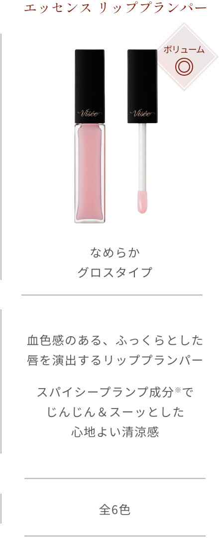 エッセンス リッププランパー ボリューム◎ なめらかグロスタイプ 血色感のある、ふっくらとした唇を演出するリッププランパー スパイシープランプ成分※でじんじん＆スーッとした心地よい清涼感 全6色