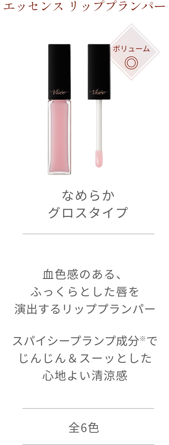 エッセンス リッププランパー ボリューム◎ なめらかグロスタイプ 血色感のある、ふっくらとした唇を演出するリッププランパー スパイシープランプ成分※でじんじん＆スーッとした心地よい清涼感 全6色