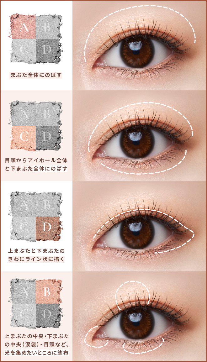 A.まぶた全体にのばす C.目頭からアイホール全体と下まぶた全体にのばす D.上まぶたと下まぶたのきわにライン状に描く B.上まぶたの中央・下まぶたの中央（涙袋）・目頭など、光を集めたいところに塗布